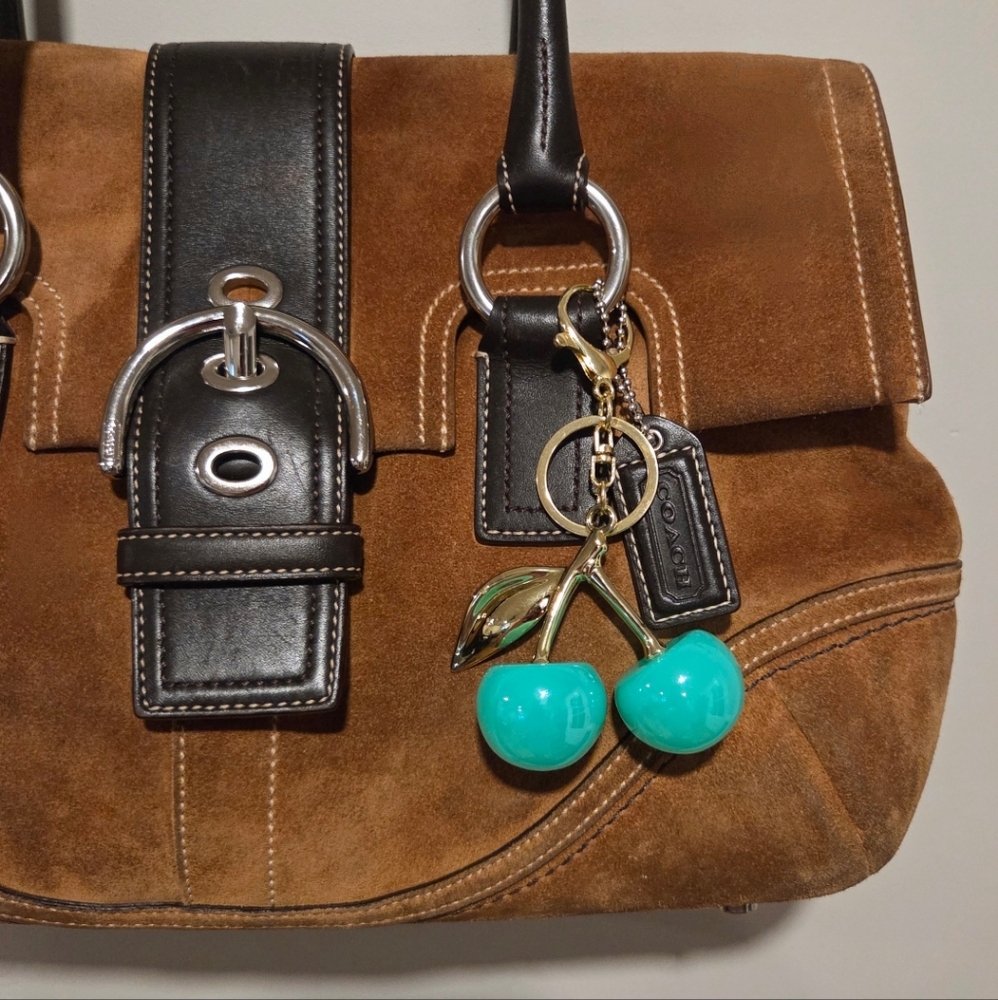 Cherry Purse Charm Pearlescent Glazed Seafoam Cyan Blue Keychain